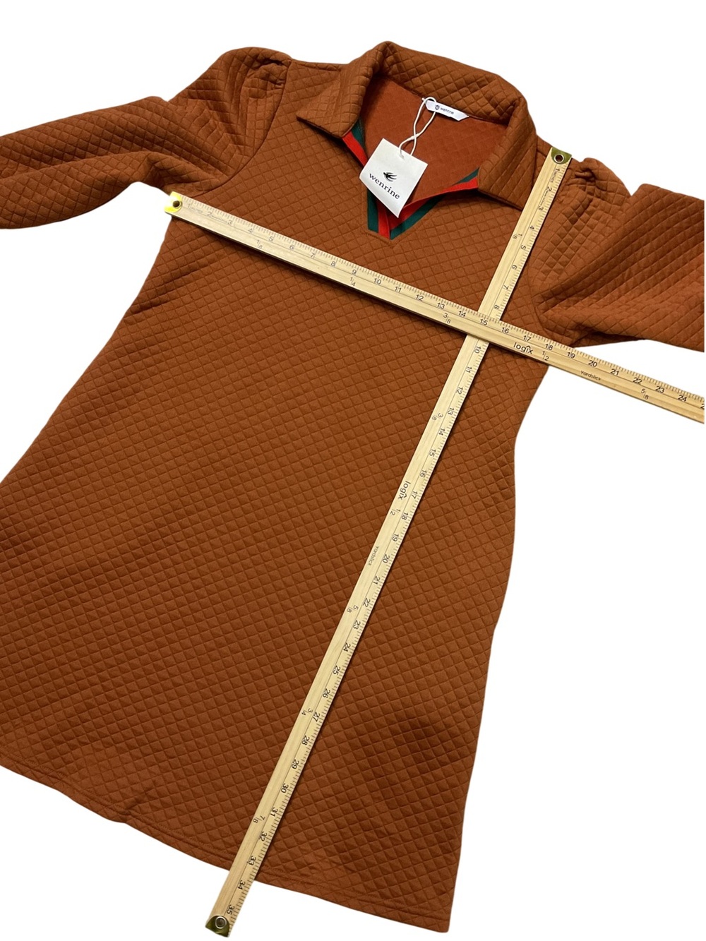 NWT Wenrine Brown Quilted Mini Dress M Collared V Neck Puff Sleeve Colorblock - Picture 5 of 8